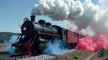 A train with multi-colored smoke in the colors of the Russian flag.