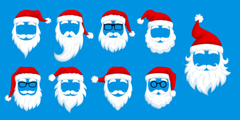Santa photo booth masks for Christmas or New Year holiday carnival masquerade, cartoon vector. Santa face mask for photobooth template or avatar emoji with pompom hat, beard or mustaches and glasses