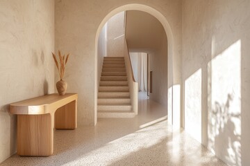 A luxurious hallway with terrazzo floors, natural light, and a stylish staircase.