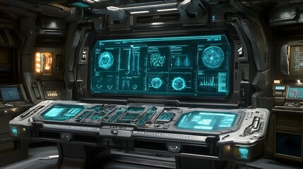 Futuristic spaceship control panel with glowing displays.