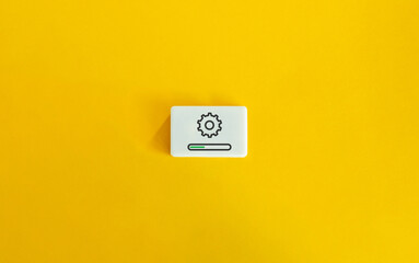 Work In Progress Banner and Concept Image. Cogwheel and Loading Bar on Block Letter Tile on Yellow...