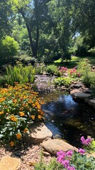 A photo of an outdoor garden with water features, ornamental plants and rocks. The pond is surrounded by yellow flowers and green grasses