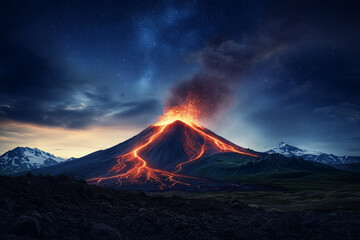 Fiery Majesty: Active Volcano Beneath a Starry Sky
