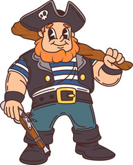 Cartoon pirate, corsair captain cute character. Corsair bandit crew skipper isolated vector funny personage, redhead Caribbean pirate boatswain or filibuster sailor captain with pistol and wooden club