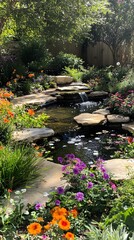 A photo of an outdoor garden with water features, ornamental plants and rocks. The pond is surrounded by yellow flowers and green grasses