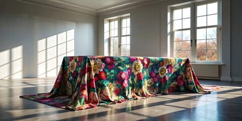 Draped floral textile art piece on a table in a sunlit room with large windows