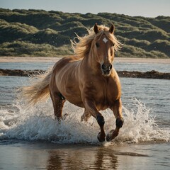 A golden palomino horse galloping along the shoreline, with waves splashing under its hooves.