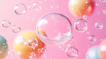Pink Collagen bubbles Drops pink serum cream lotion drop into skin cells bubbles texture  background
