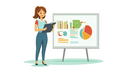 A young woman reviews data on a presentation board. She's dressed in business casual attire and appears confident and focused.