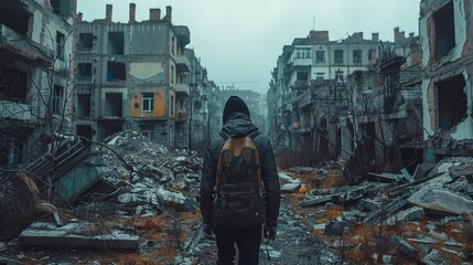 Obraz premium Rear view. Abandoned city, man walking alone in the ruins of the city.