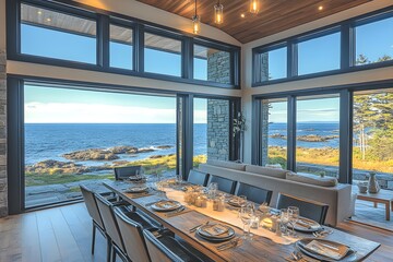 Fototapeta premium Dining area with panoramic water views