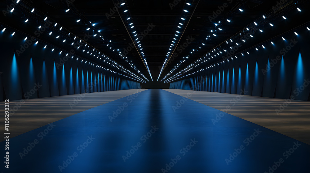 Poster a modern, dimly lit corridor with blue lighting creates a striking visual effect, emphasizing depth 