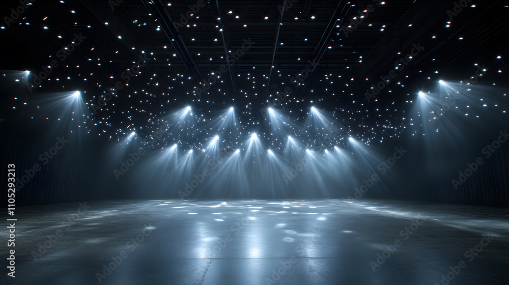 Poster a dimly lit stage with scattered beams of light creating a starry effect, ideal for performances or 