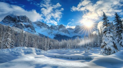 Winter landscape sunrise over snow-capped mountains nature photography outdoor serenity