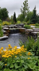 A photo of an outdoor garden with water features, ornamental plants and rocks. The pond is surrounded by yellow flowers and green grasses