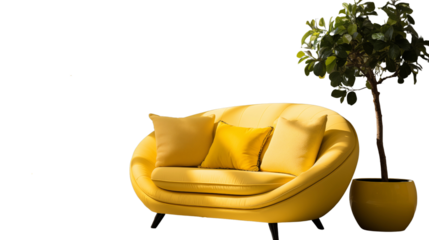 Vibrant yellow furniture set including a sofa, table, chair, lamp, and planter. Adds a bold and cheerful vibe to modern interiors, isolated on transparent background.