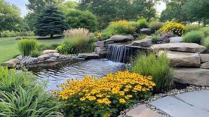 A photo of an outdoor garden with water features, ornamental plants and rocks. The pond is surrounded by yellow flowers and green grasses