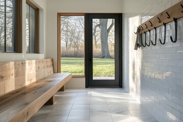 Obraz premium Mudroom with dark oak bench, steel door, marble tile, and natural light from windows.