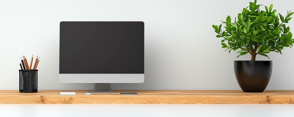 hybrid work office mobility Minimalist workspace with computer and plant