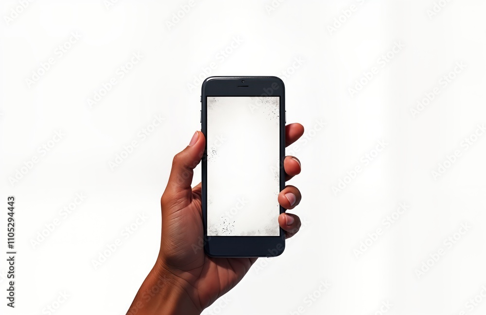 Poster hand holds smartphone. blank screen. grunge style. versatile tech image. template for apps content. 