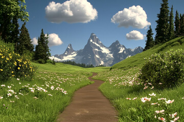 Springtime Path: A Ground-Level View of a Blooming Mountain Trail