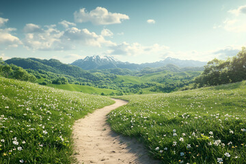 Springtime Path: A Ground-Level View of a Blooming Mountain Trail