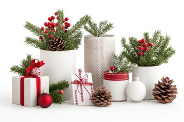 Festive Christmas display featuring decorative pots, gifts, and pinecones, creating joyful holiday atmosphere. Perfect for seasonal decor inspiration
