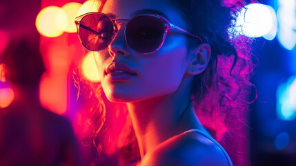 Stylish woman enjoying nightlife with neon lights and sunglasses