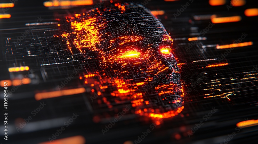Sticker glowing digital face formed by code.