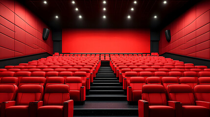 Empty Red Cinema Seats Facing a Large Screen in a Modern Theater