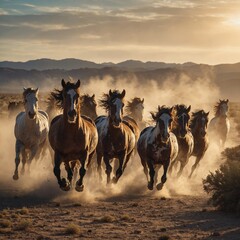 Obraz premium A herd of wild horses running freely through a desert, their dust trail glowing in the evening light.