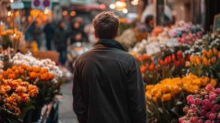 Rear view. Young man from behind at traditional flower market in the city, looking at all the flowers.