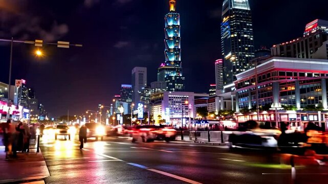 A video footage showcasing a lively urban night scene, featuring busy streets with car lights creating a bokeh effect. The camera slowly moves past tall buildings lit with bright neon lights, people w - Powered by Adobe