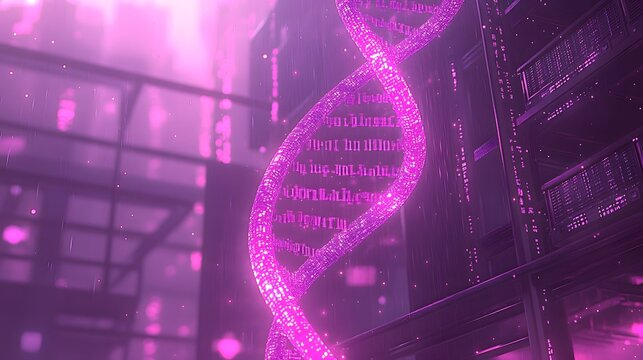Glowing DNA helix in a futuristic server room.