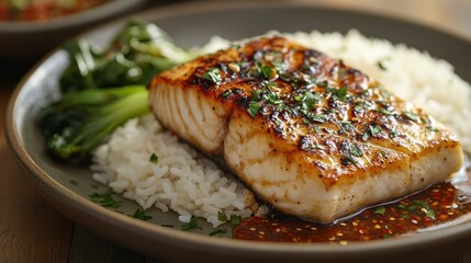Grilled Barramundi fillet on a bed of jasmine rice, topped with a sweet chili glaze and served with a side of steamed bok choy
