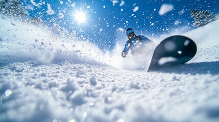 Low angle perspective of a snowboarder racing downhill, sending up a spray of snow under winter sun