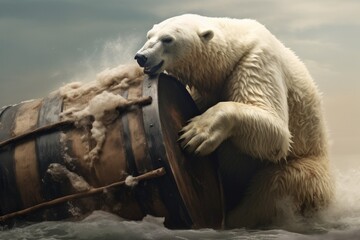 Polar Bear Taming a Barrel Among Dusty Piles"