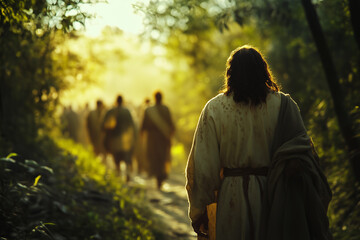 A man in a white, soiled robe follows a crowd of people. Jesus Christ with his disciples in Judea