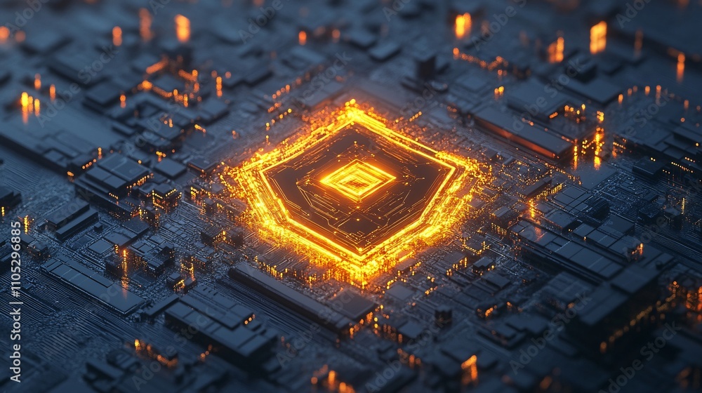 Poster glowing hexagon cpu on circuit board.