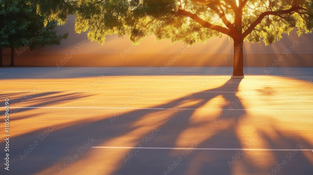 Poster sunlight filters through the branches of a tree, casting long shadows on the ground, ai