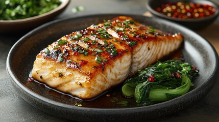 Grilled Barramundi fillet on a bed of jasmine rice, topped with a sweet chili glaze and served with a side of steamed bok choy