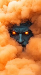 Mysterious face with glowing eyes emerges from swirling orange clouds, AI