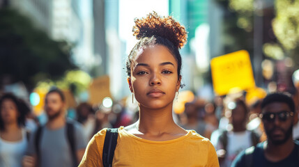 Portrait of a determined woman marching in a city protest