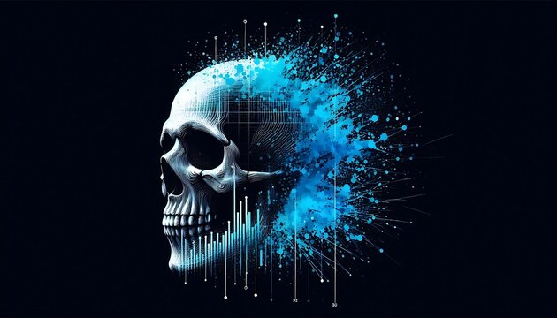 Skull Merged with Scatter Plot in Blue Watercolor