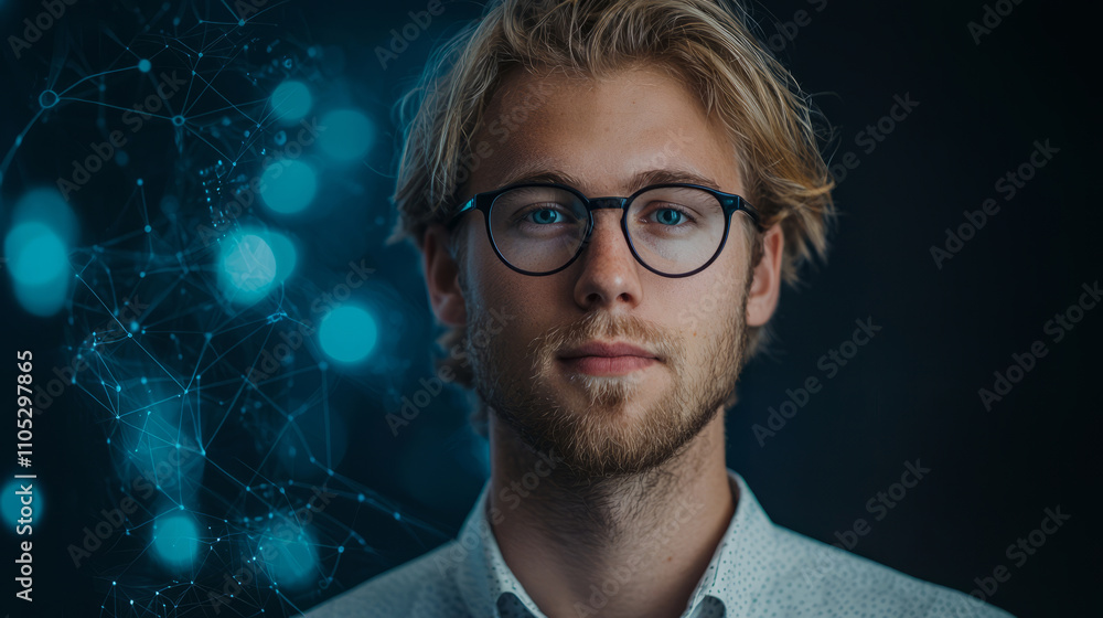 Poster portrait of a data analyst with digital network background