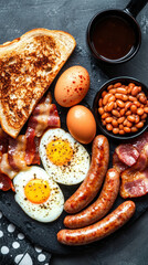 flat lay of classic English breakfast featuring eggs, bacon, sausages, baked beans, and toast, served with cup of coffee. hearty and delicious meal