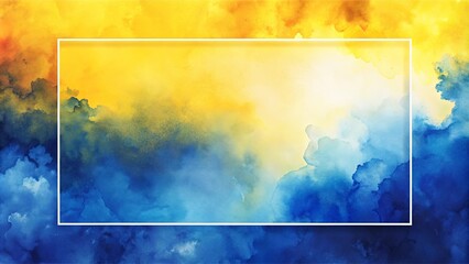 Abstract Watercolor Background with Bright Yellow and Deep Blue Hues and a White Rectangular Frame for Text or Design Elements
