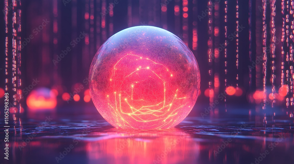 Poster glowing sphere with digital data streams in background.