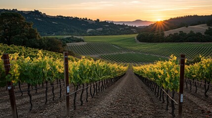 Naklejka premium Golden Dawn Over the Vineyard: Embodying Growth, Patience, and Abundance