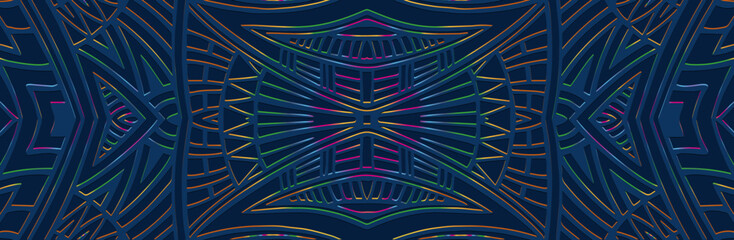 Fototapeta premium Banner, ethnic boho cover design. Geometric multicolored shiny 3D pattern on a blue background, embossing. Festive print. Unique ornaments, arabesques, mandala of the East, Asia, India, Mexico, Aztec,